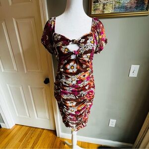 Madden NYC Hippie Floral Brown and Pink Women's Dress BodyCon Girly Large